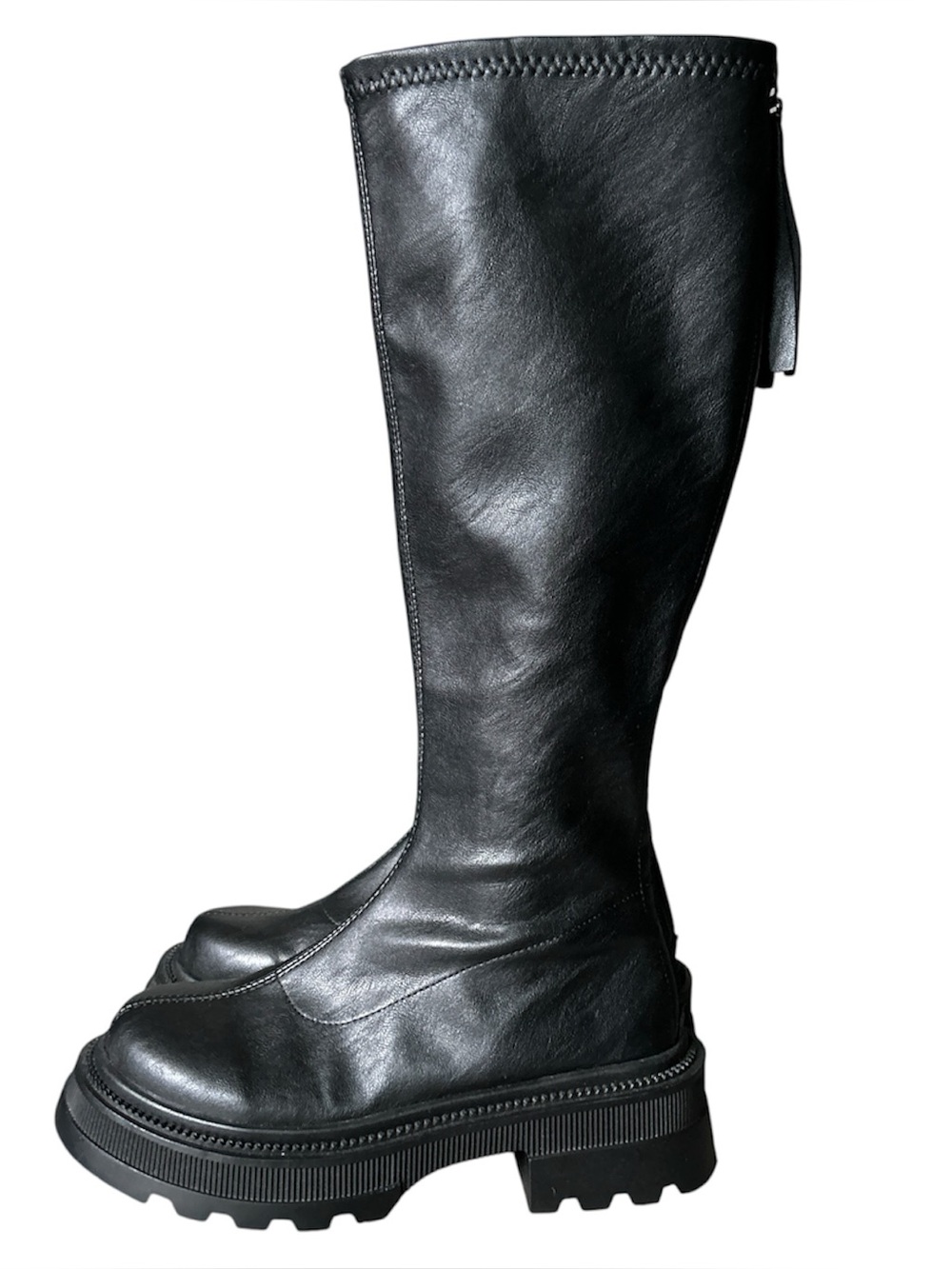 Y2K Grunge Style Black Faux Leather Knee-High Combat Boots